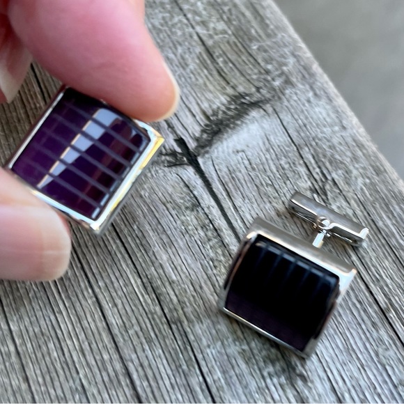 🟪 🟪 Kenneth Cole New York Amethyst Purple Striped Glass Silver Tone Cufflinks - Picture 9 of 12